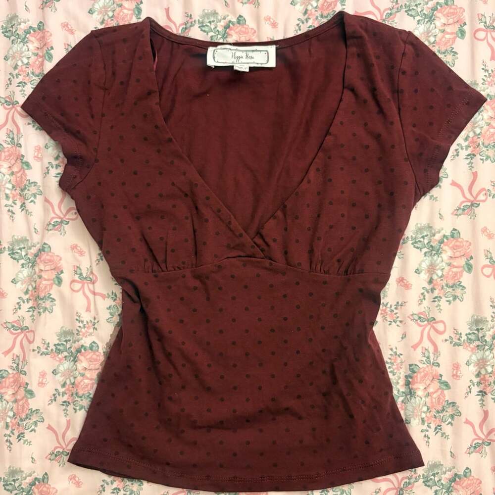 Hippie Rose Burgundy Polka Dot Short Sleeve V-Neck Crop Top
